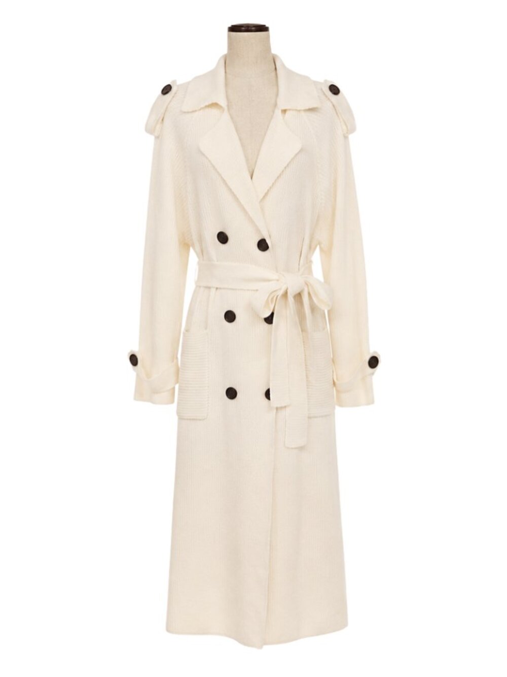 Chic Ivory Belted Double-breasted Knit Coatigan Cardigan Trench Coat. Sz L. - Picture 2 of 11
